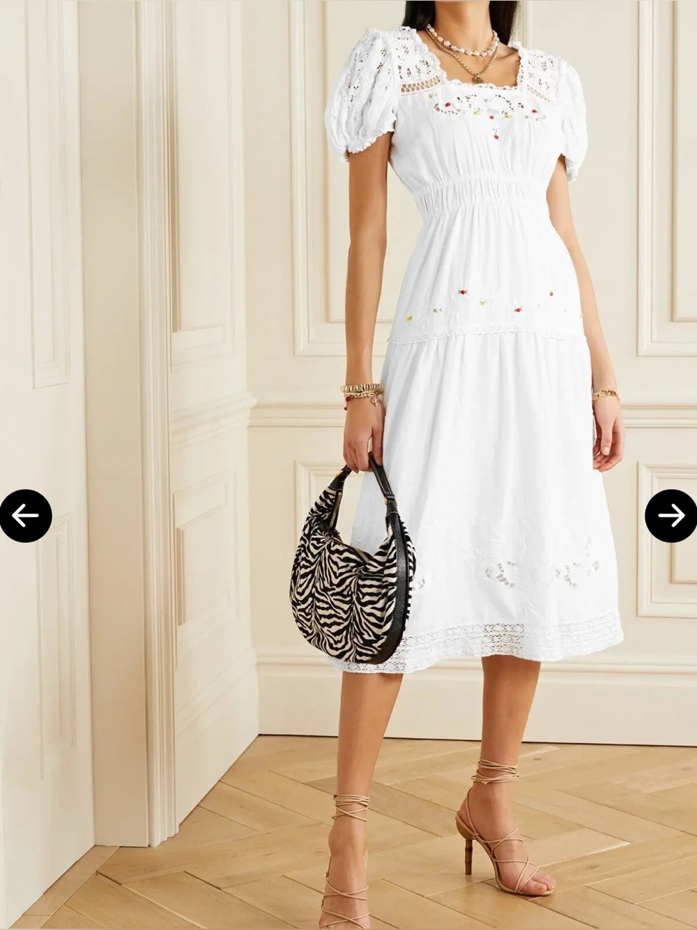 LoveShackFancy White Ayden Embroidered Multicolor Puff-Sleeve Midi Dress